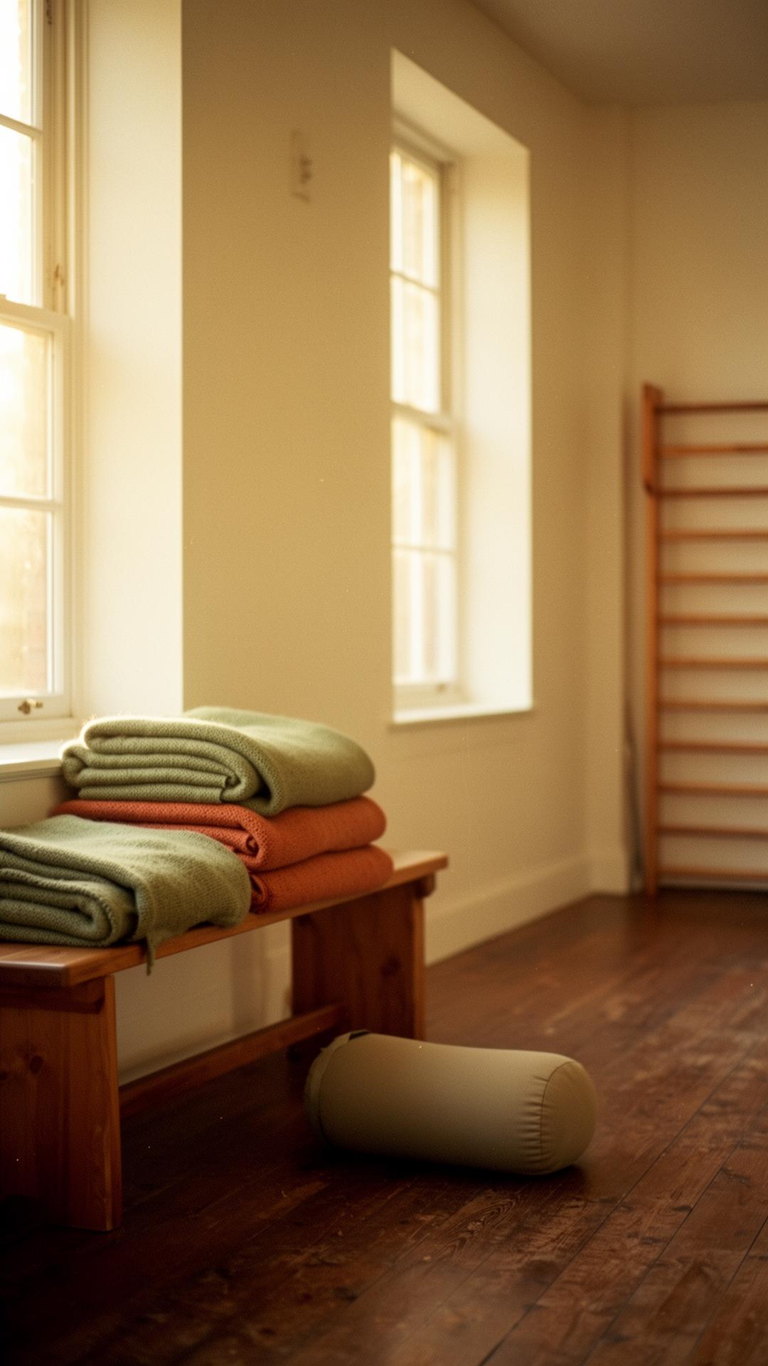 A quiet Iyengar yoga studio in soft morning light, with folded sage and clay wool blankets on a wooden bench and a bolster resting on the floor.