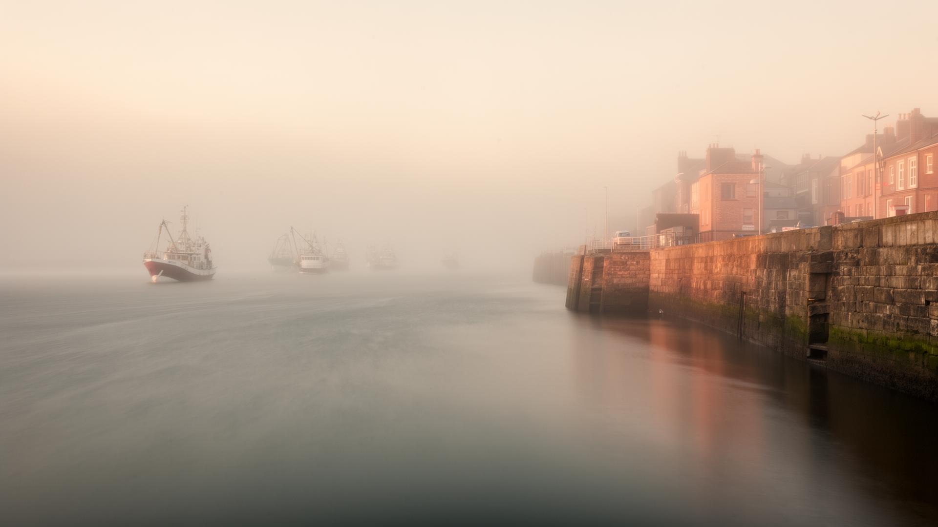 Misty morning view of the River Tyne estuary at North Shields Fish Quay.